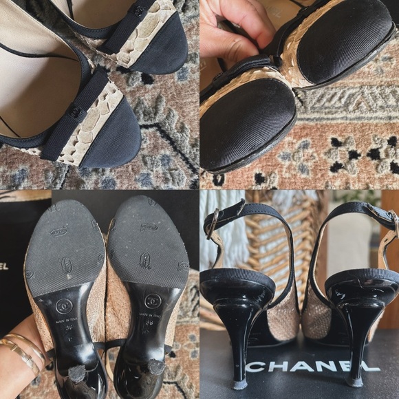 CHANEL Canvas & Python Leather Bow AUTHENTIC Slingback Pumps Black Beige Sz. 36 - Picture 9 of 16